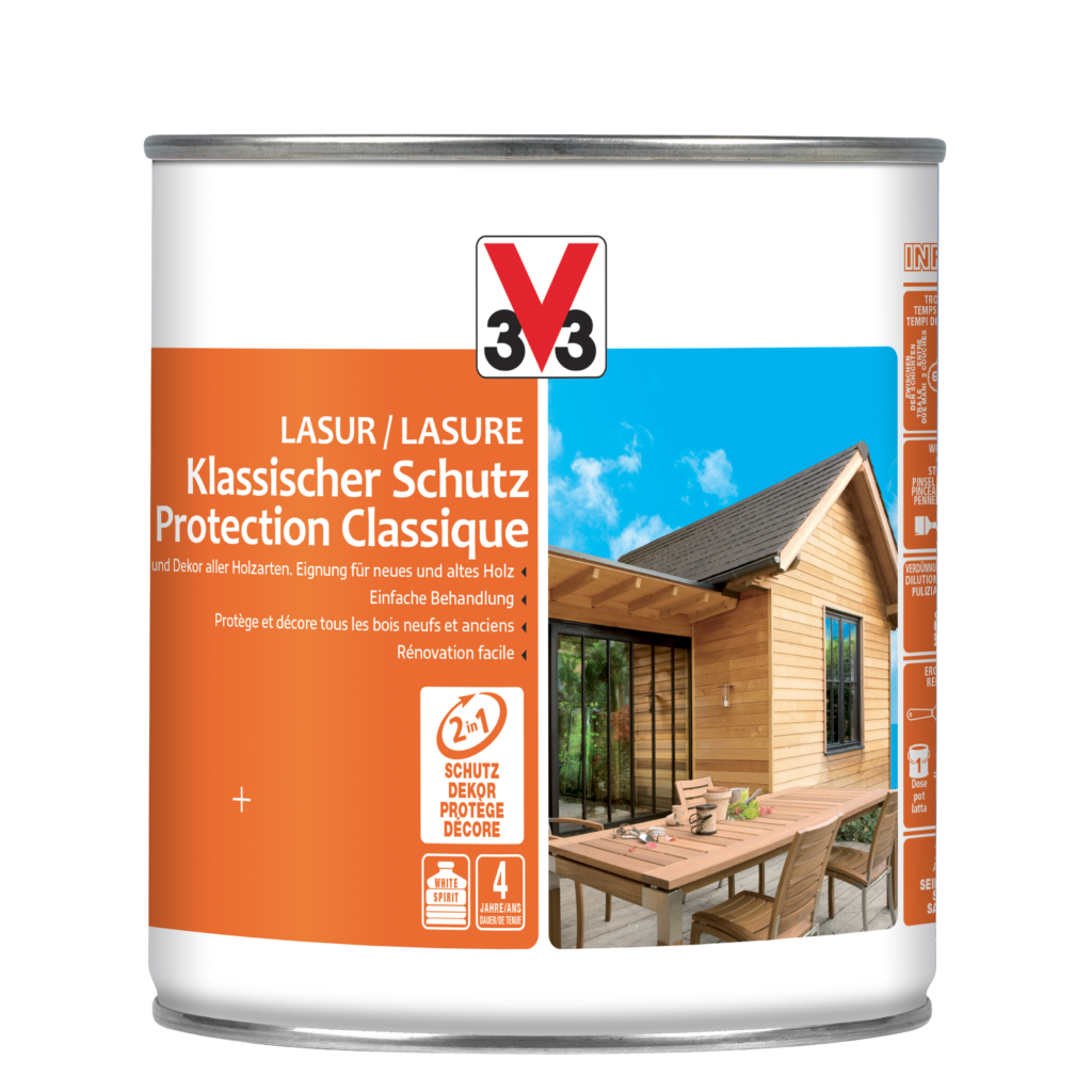 Lasure protection classique V33 pour les boiseries extérieures exposées : volets, portes, fenêtres, lambris