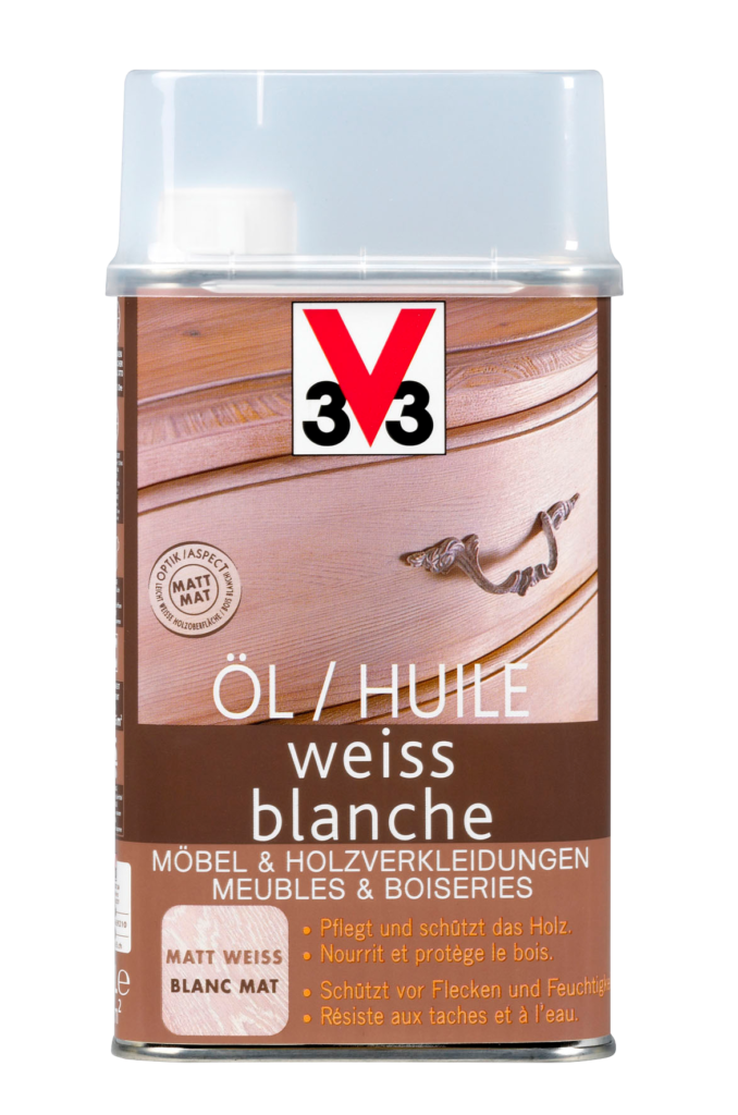 L'Huile blanche V33 donne un aspect blanchi au bois. Elle le nourrit et le protège et rend résistant aux taches et à l'eau. L'huile blanche V33 est compatible avec tout les types de bois européens.